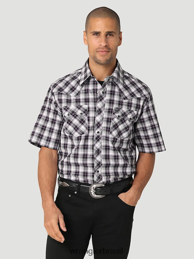 Wrangler Camisa xadrez retrô de manga curta ocidental com bolso com aba dente de serra preto branco (112324673) homens roupas 00LN6N428