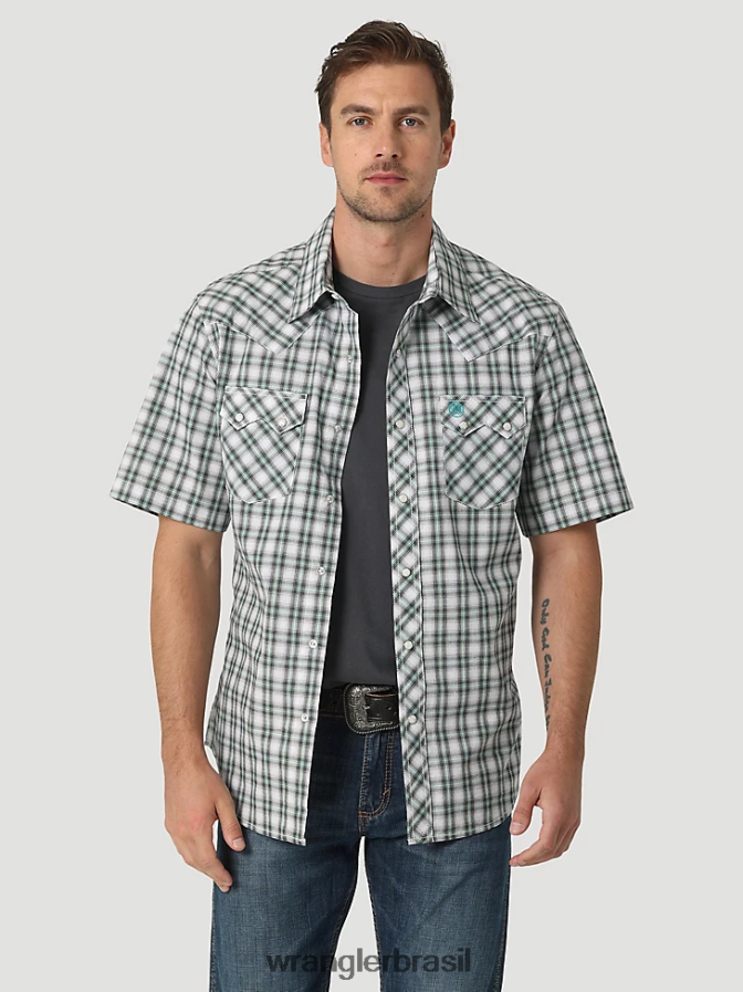 Wrangler Camisa xadrez retrô de manga curta ocidental com bolso com aba dente de serra verde piquenique (112326336) homens roupas 00LN6N430