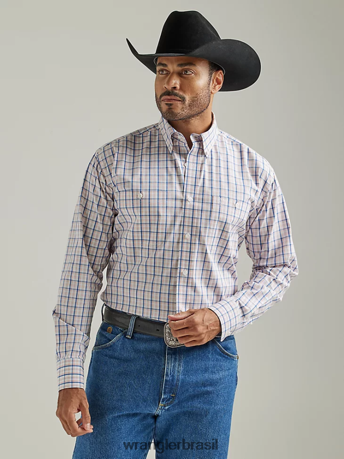 Wrangler George Strait camisa xadrez de manga comprida com dois bolsos e botões casca de laranja madras (112327839) homens roupas 00LN6N326
