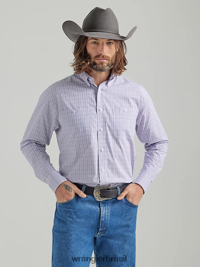 Wrangler George Strait camisa xadrez de manga comprida com dois bolsos e botões lilás (112324814) homens roupas 00LN6N324
