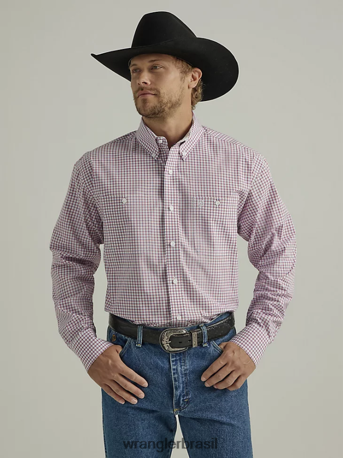 Wrangler George Strait camisa xadrez de manga comprida com dois bolsos e botões verifique vermelho (112327838) homens roupas 00LN6N325