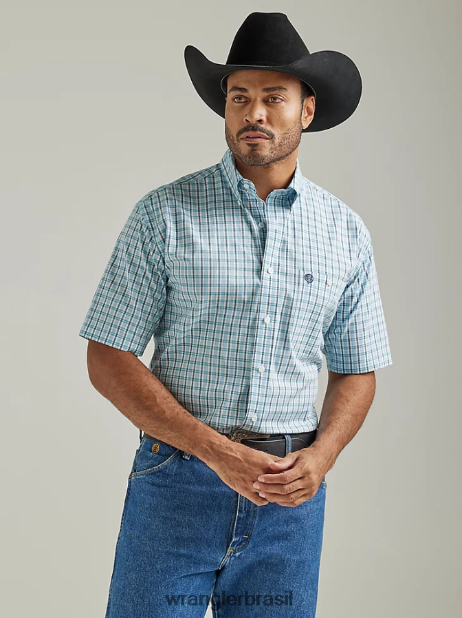 Wrangler George Strait camisa xadrez de manga curta com 1 bolso e botão xadrez aqua verdadeiro (112327820) homens roupas 00LN6N309