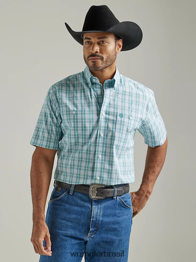 Wrangler George Strait camisa xadrez de manga curta com 2 bolsos e botões xadrez aqua verdadeiro (112327822) homens roupas 00LN6N335