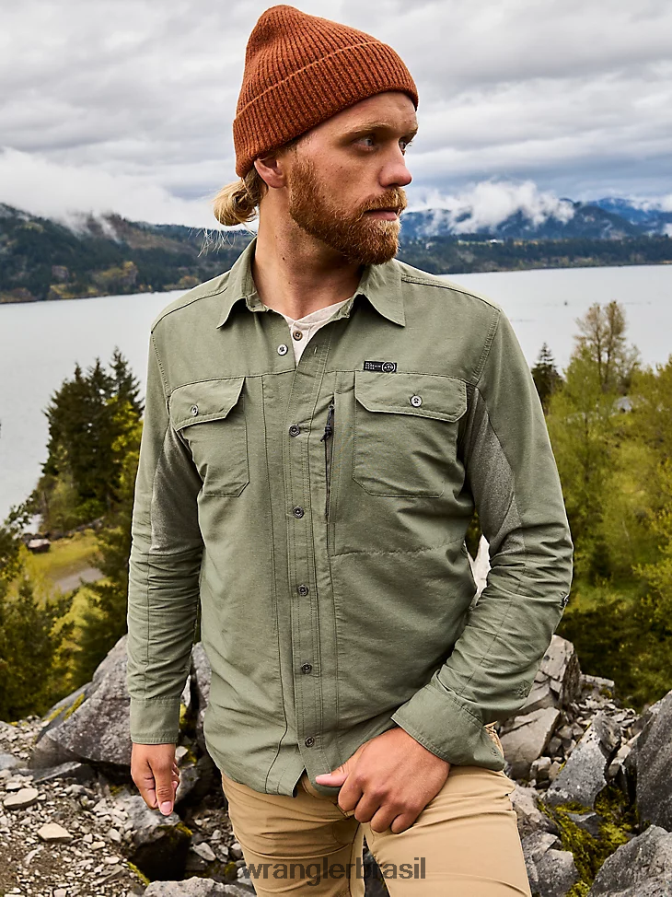 Wrangler camisa atg mix material azeitona empoeirada (nsb89dv) homens roupas 00LN6N635