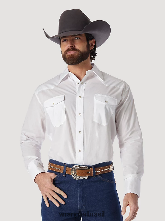 Wrangler camisa de pressão ocidental - broadcloth sólido de manga comprida branco (71105wh) homens roupas 00LN6N449