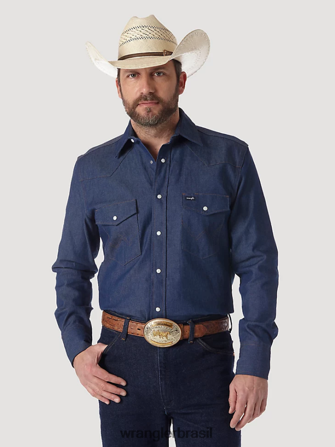 Wrangler camisa de trabalho sólida com corte cowboy e acabamento firme manga longa ocidental azul (ms70119) homens roupas 00LN6N420