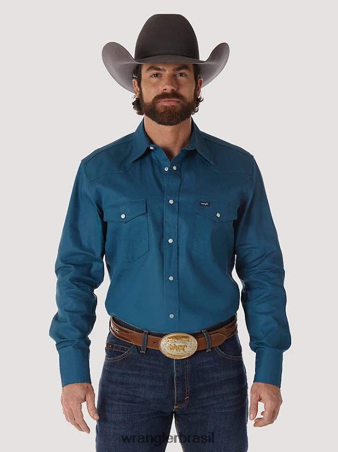 Wrangler camisa de trabalho sólida com corte cowboy e acabamento firme manga longa ocidental azul-petróleo escuro (ms71419) homens roupas 00LN6N421