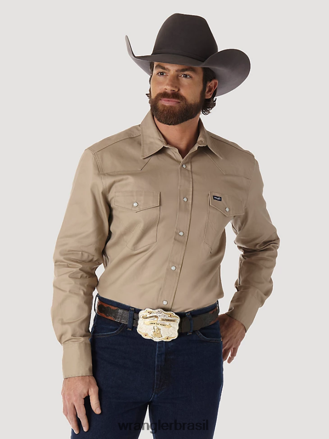 Wrangler camisa de trabalho sólida com corte cowboy e acabamento firme manga longa ocidental cáqui (ms70319) homens roupas 00LN6N417