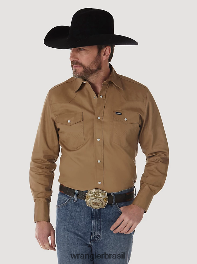 Wrangler camisa de trabalho sólida com corte cowboy e acabamento firme manga longa ocidental couro cru (ms71519) homens roupas 00LN6N416