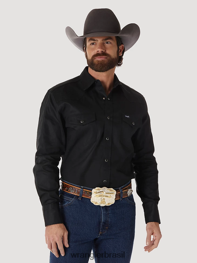 Wrangler camisa de trabalho sólida com corte cowboy e acabamento firme manga longa ocidental preto (ms70819) homens roupas 00LN6N425