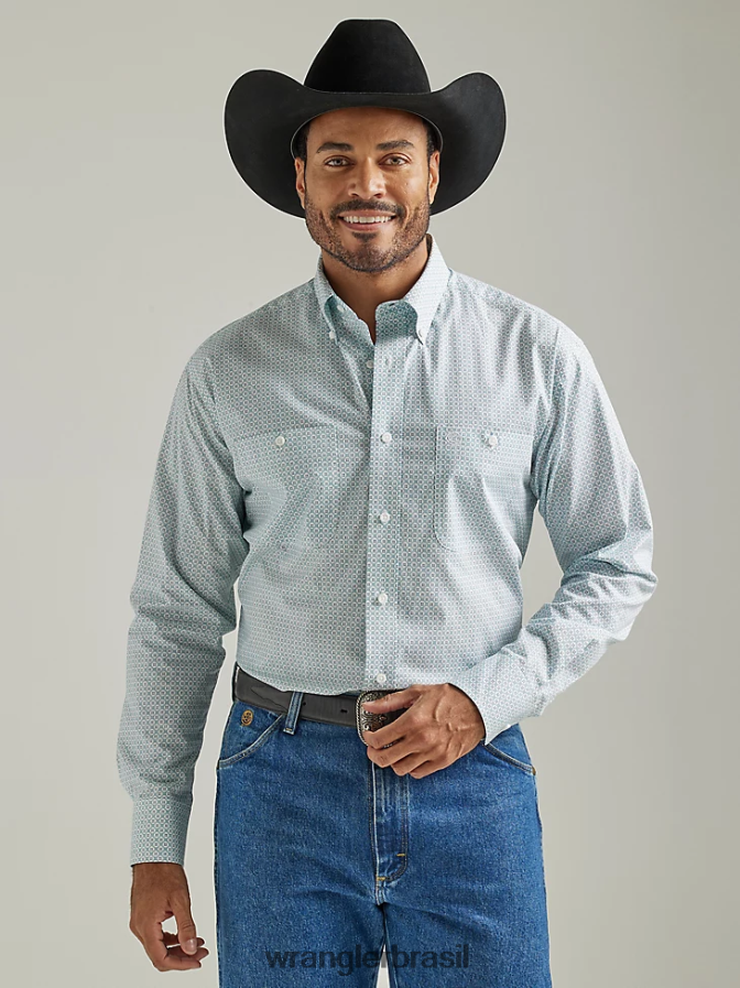Wrangler camisa george strait manga longa com dois bolsos e estampa de botões corrente azul-petróleo (112327837) homens roupas 00LN6N370