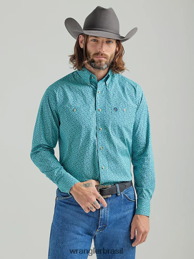 Wrangler camisa george strait manga longa com dois bolsos e estampa de botões flores verde-azuladas (112324889) homens roupas 00LN6N368
