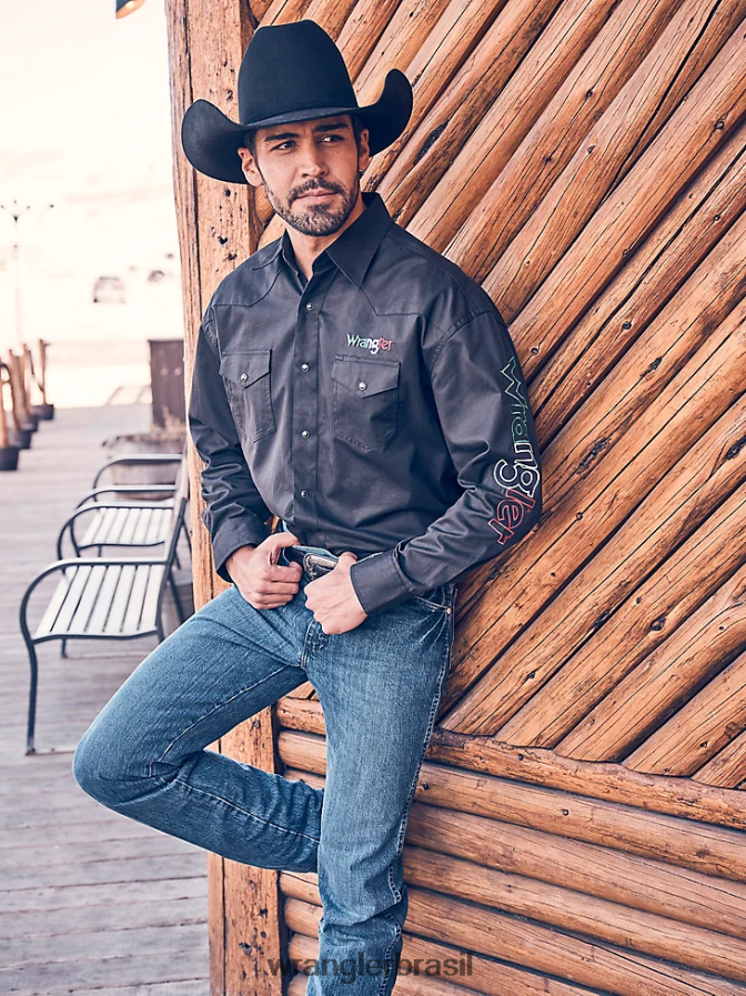 Wrangler camisa lisa com botões e manga comprida com logo preto (112317124) homens roupas 00LN6N396