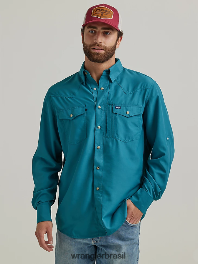 Wrangler camisa lisa de manga comprida com pressão de desempenho verde-azulado profundo (112326173) homens roupas 00LN6N433