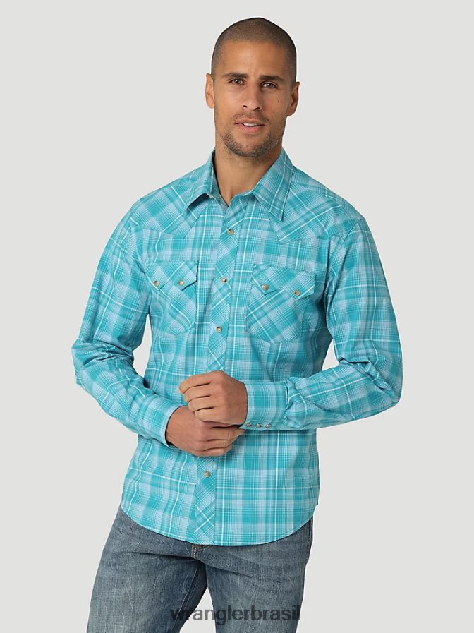 Wrangler camisa ocidental retrô de manga comprida com bolso dente de serra azul-petróleo (112324670) homens roupas 00LN6N693