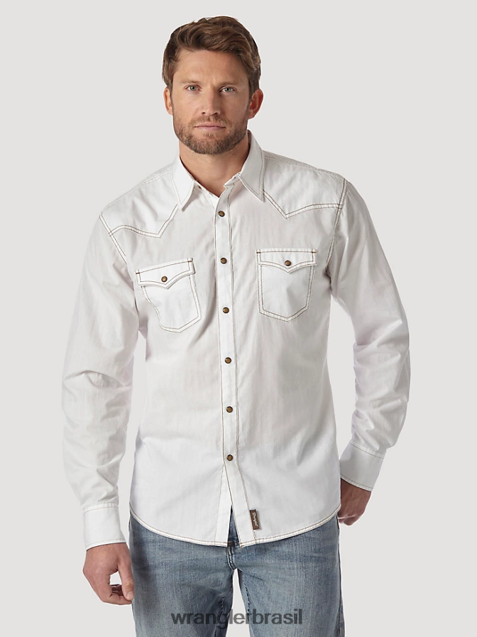 Wrangler camisa retrô de manga comprida western snap sólida maquinetada branco (mvr531w) homens roupas 00LN6N470