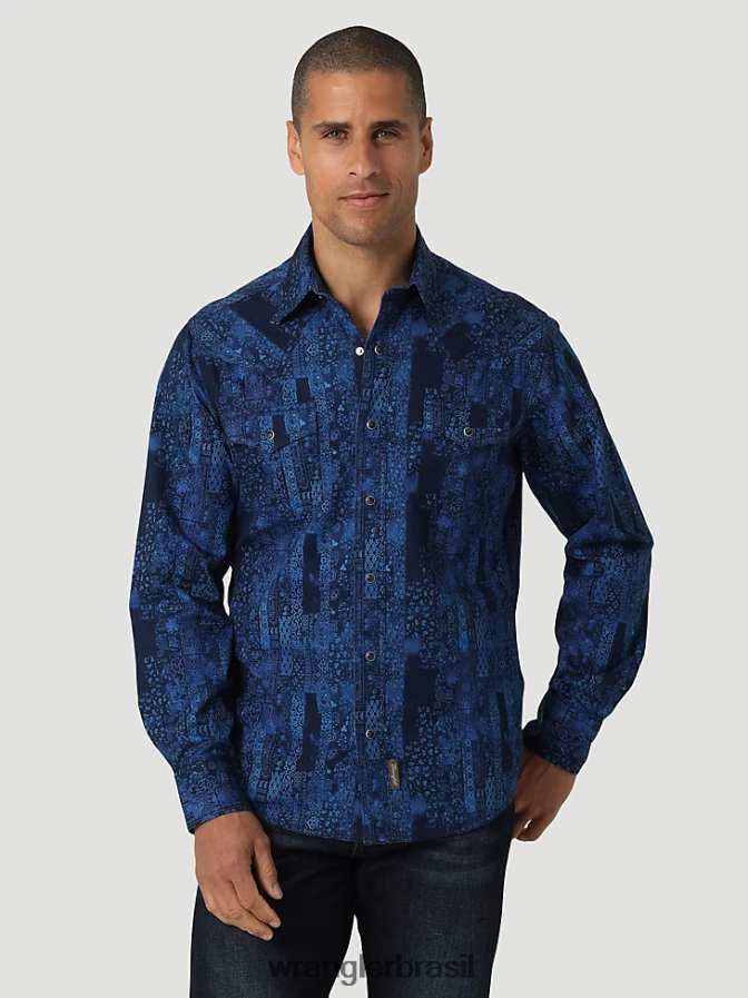 Wrangler camisa retrô premium com estampa de botão e manga comprida bandana azul (112327791) homens roupas 00LN6N427