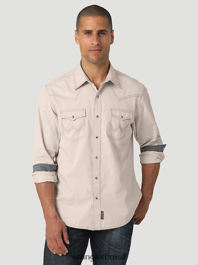 Wrangler camisa sólida retrô premium de manga comprida com botões bronzeado claro (112327789) homens roupas 00LN6N305