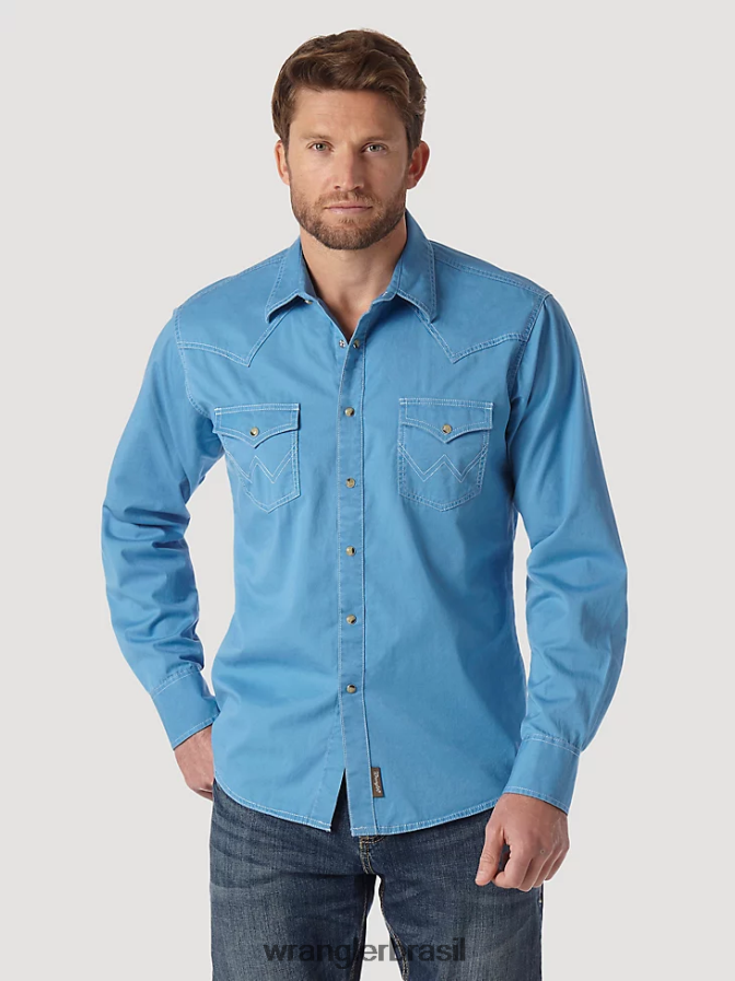 Wrangler camisa western com dois bolsos com aba de pressão com acabamento contrastante azul (mvr507j) homens roupas 00LN6N438