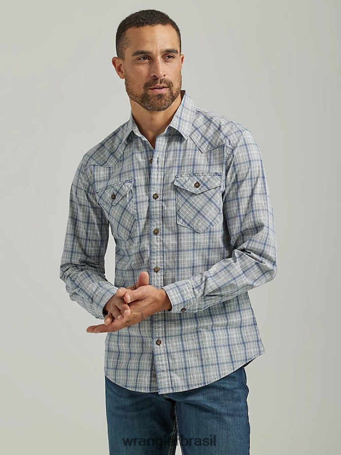 Wrangler camisa xadrez com lavagem cowboy índigo vintage (112330911) homens roupas 00LN6N414