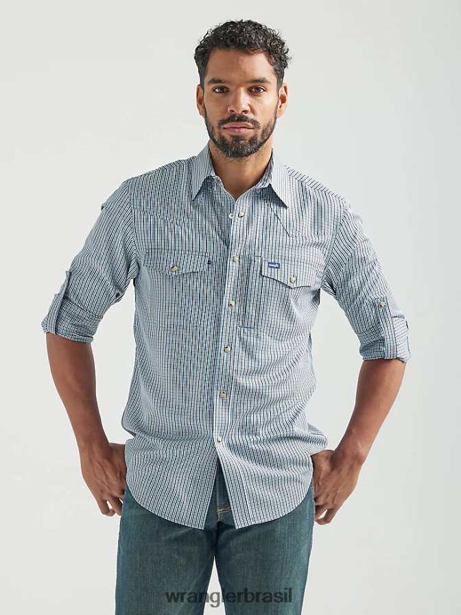 Wrangler camisa xadrez de manga comprida com pressão de desempenho cinza azulado (112326154) homens roupas 00LN6N436