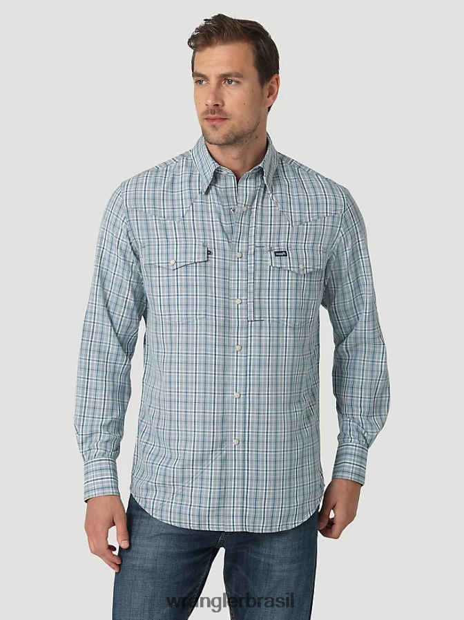 Wrangler camisa xadrez de manga comprida com pressão de desempenho xadrez azul-petróleo (112326180) homens roupas 00LN6N434