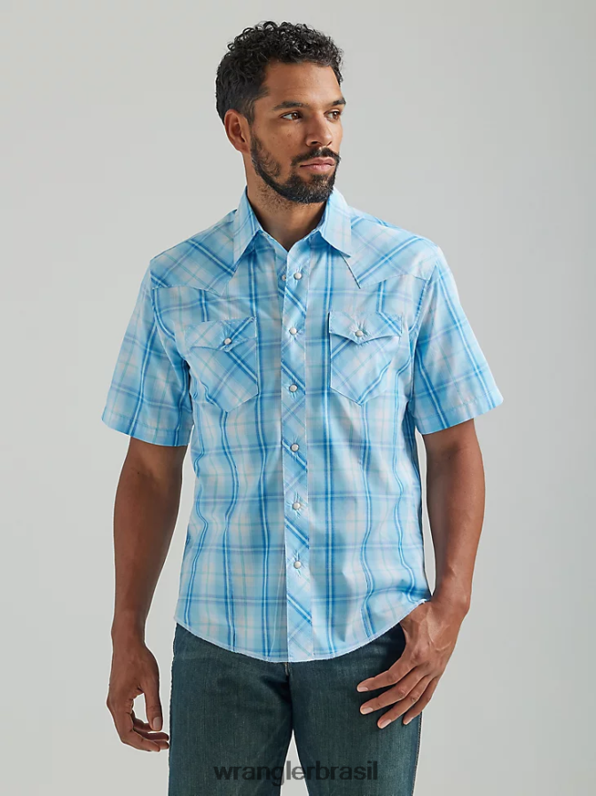 Wrangler camisa xadrez de manga curta com estampa ocidental da moda azul bebê (112324654) homens roupas 00LN6N457