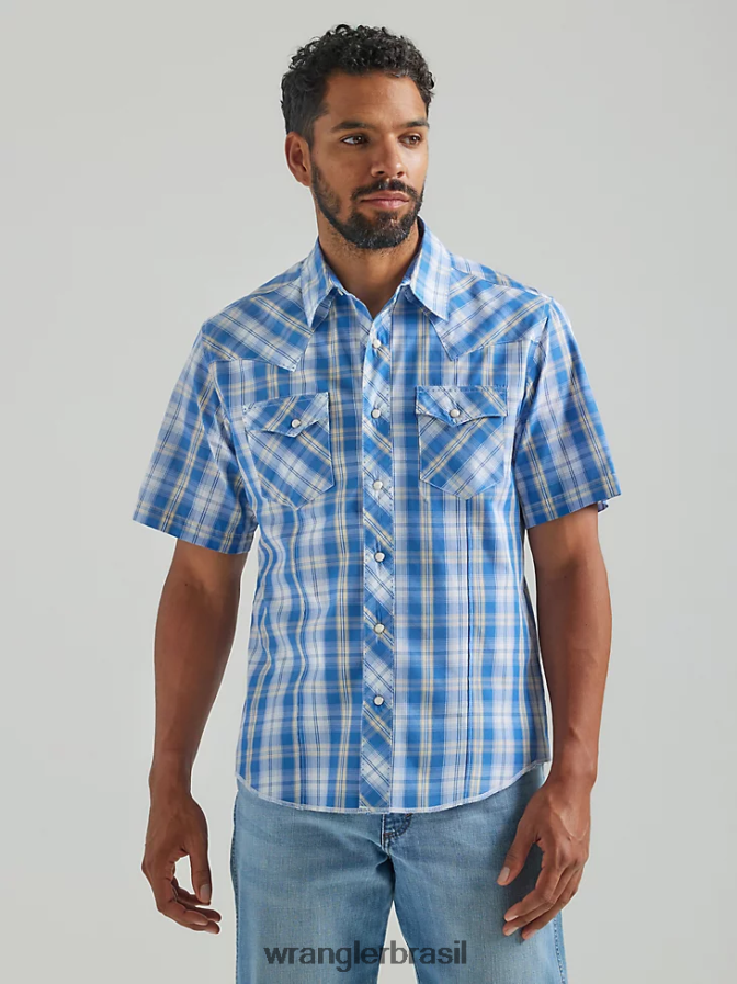 Wrangler camisa xadrez de manga curta com estampa ocidental da moda azul médio (112324653) homens roupas 00LN6N459