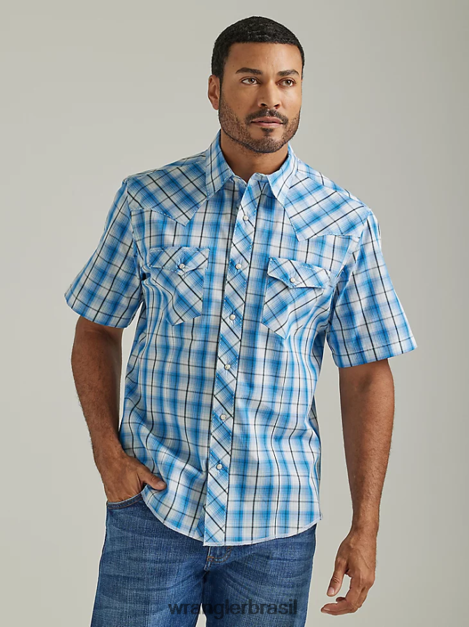 Wrangler camisa xadrez de manga curta com estampa ocidental da moda horizontes azuis (112326469) homens roupas 00LN6N460