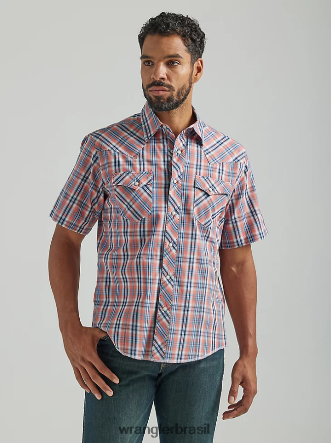 Wrangler camisa xadrez de manga curta com estampa ocidental da moda laranja (112324665) homens roupas 00LN6N458