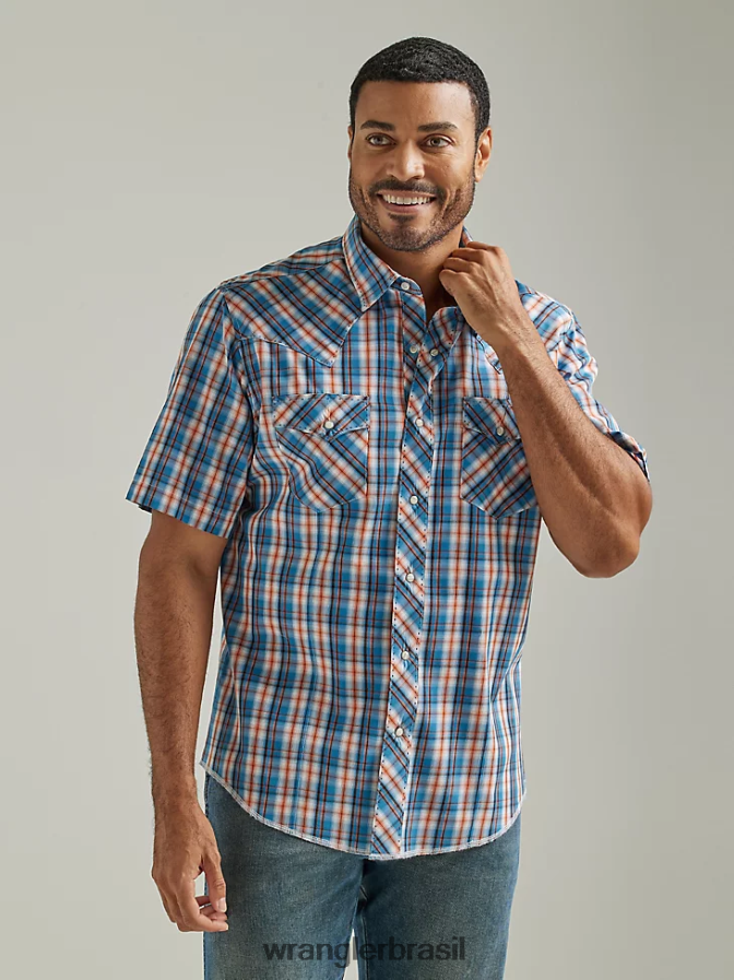 Wrangler camisa xadrez de manga curta com estampa ocidental da moda pôr do sol azul (112326470) homens roupas 00LN6N462