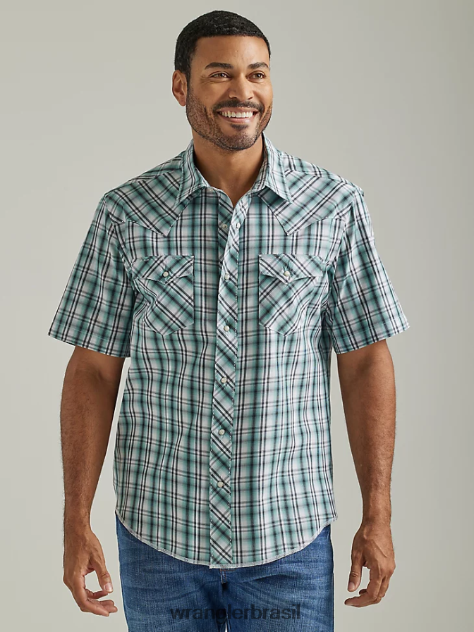 Wrangler camisa xadrez de manga curta com estampa ocidental da moda verde mar (112326468) homens roupas 00LN6N461