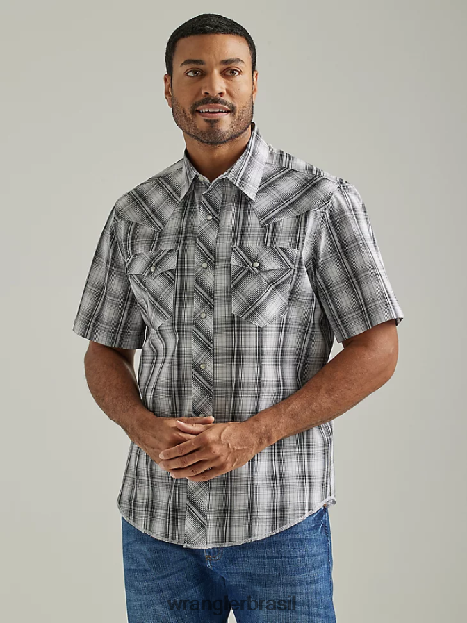 Wrangler camisa xadrez de manga curta com estampa ocidental da moda xadrez cinza (112326471) homens roupas 00LN6N463