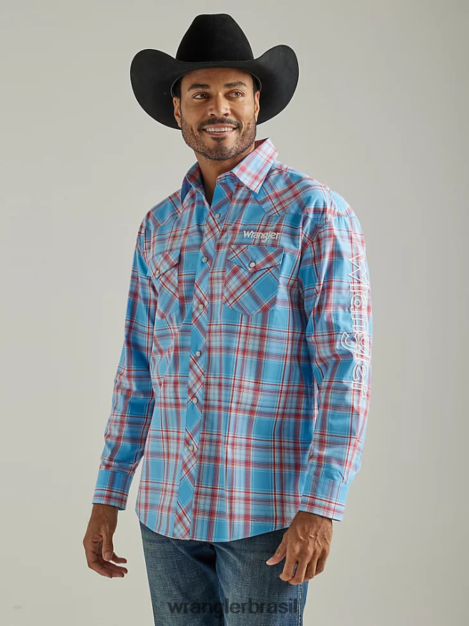 Wrangler camisa xadrez ocidental de manga comprida com logotipo azul ensolarado (112327776) homens roupas 00LN6N498