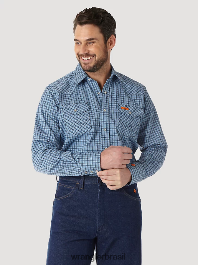 Wrangler camisa xadrez ocidental de manga comprida resistente a chamas fr marinho/preto (fr123bl) homens roupas 00LN6N500