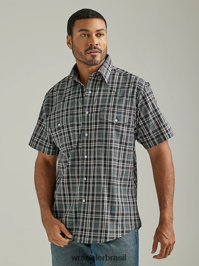 Wrangler camisa xadrez ocidental de manga curta resistente a rugas cavaleiro negro (112326367) homens roupas 00LN6N445