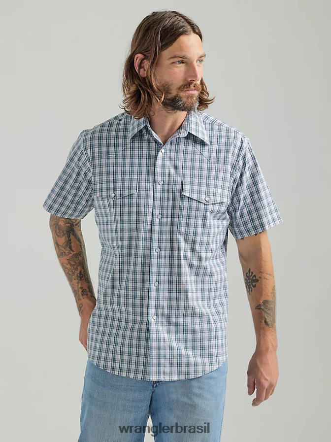 Wrangler camisa xadrez ocidental de manga curta resistente a rugas cinza azul (112324663) homens roupas 00LN6N442