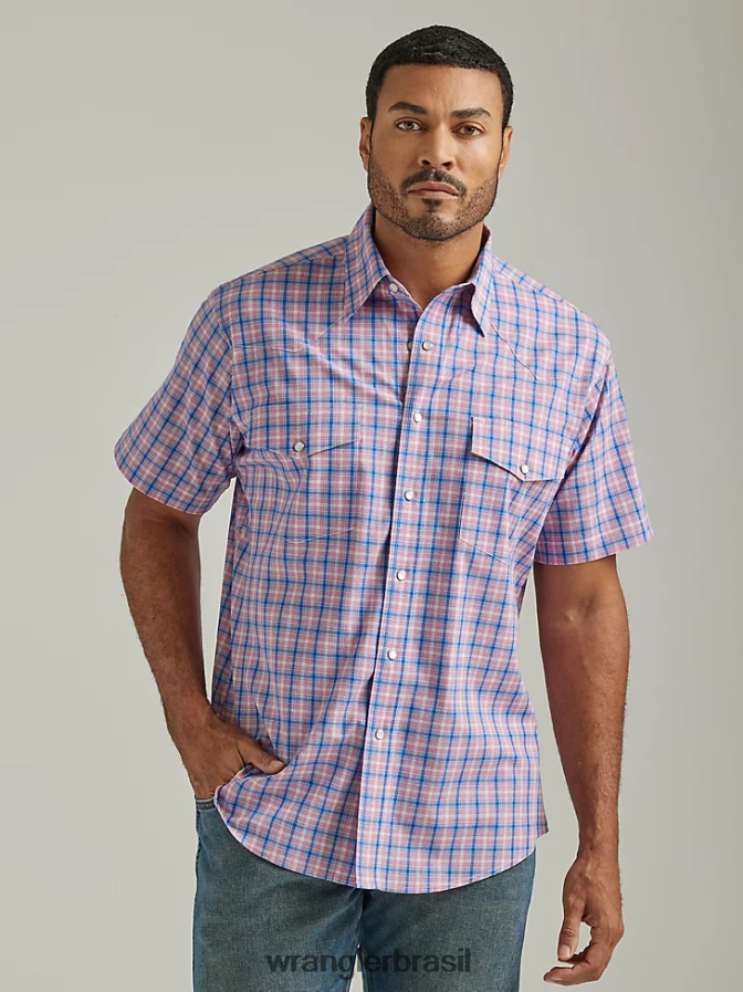 Wrangler camisa xadrez ocidental de manga curta resistente a rugas fogos de artifício azuis (112326368) homens roupas 00LN6N446