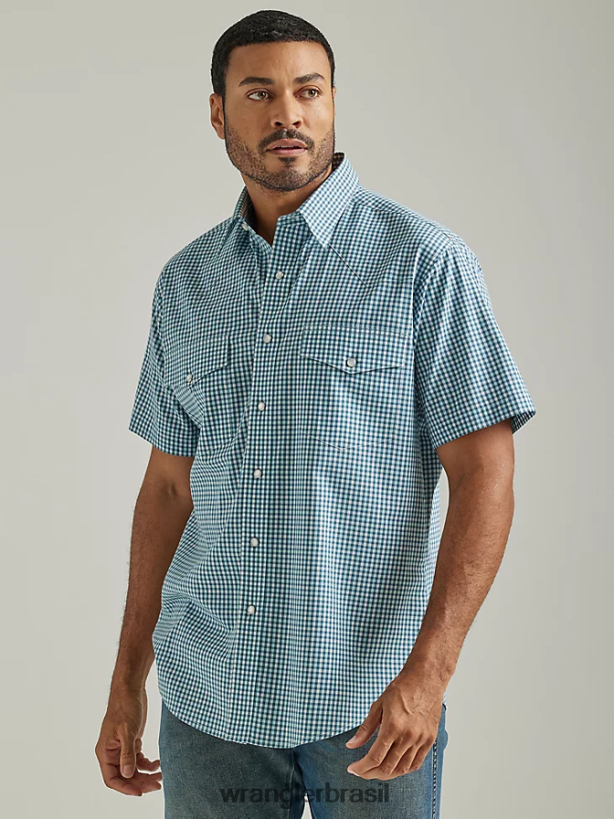 Wrangler camisa xadrez ocidental de manga curta resistente a rugas verduras mistas (112326369) homens roupas 00LN6N447