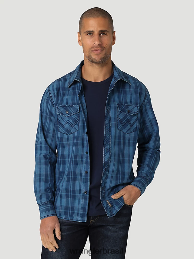 Wrangler camisa xadrez retrô premium de manga comprida com botões azul (112324855) homens roupas 00LN6N337
