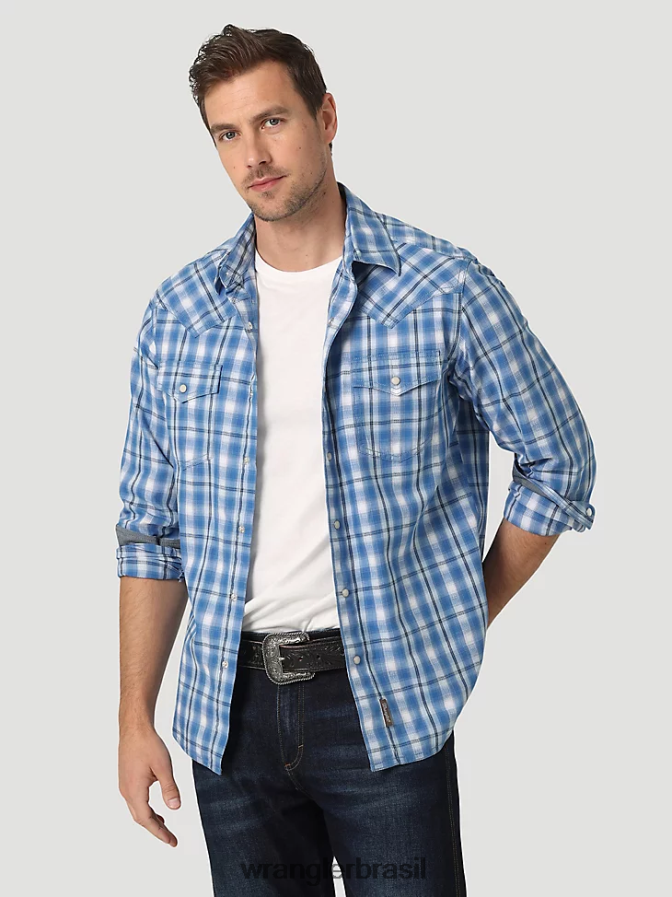 Wrangler camisa xadrez retrô premium de manga comprida ocidental azul riviera (112327792) homens roupas 00LN6N479