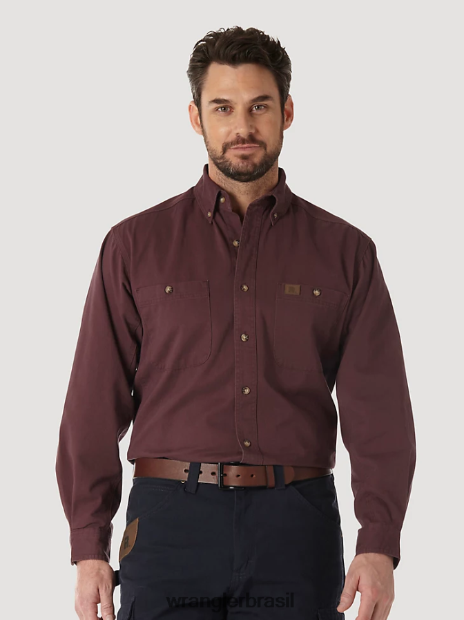 Wrangler riggs workwear camisa de trabalho de sarja sólida de manga comprida com botões Borgonha (3w501bg) homens roupas 00LN6N352