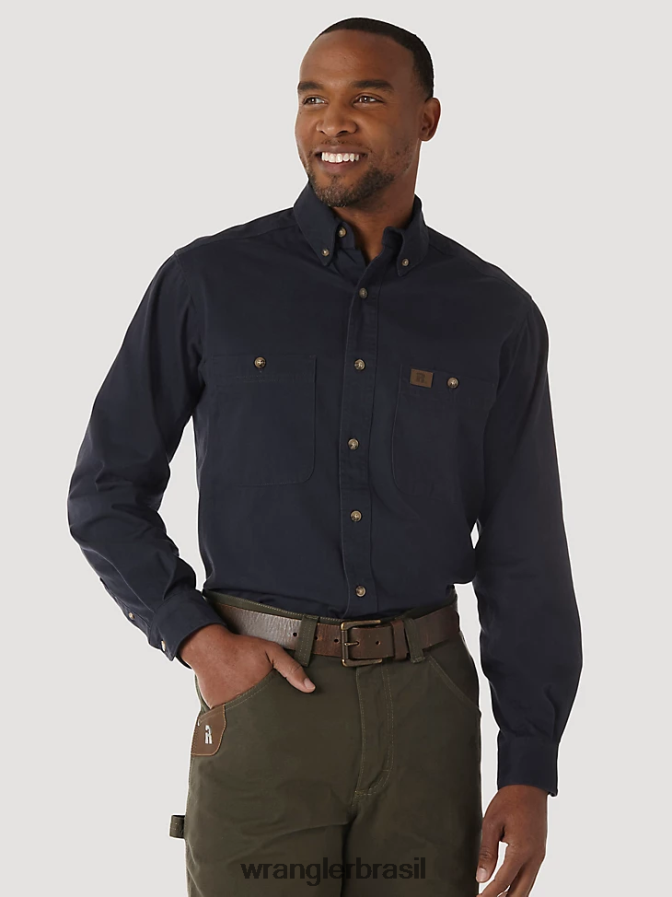 Wrangler riggs workwear camisa de trabalho de sarja sólida de manga comprida com botões marinha (3w501nv) homens roupas 00LN6N350