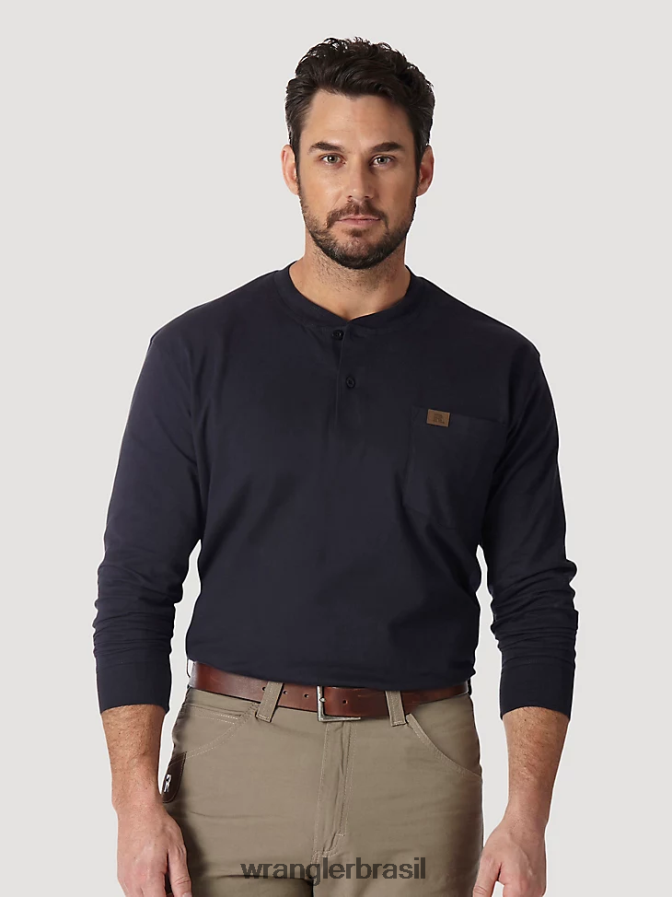 Wrangler riggs workwear manga longa sólida henley marinha (3w750nv) homens roupas 00LN6N287