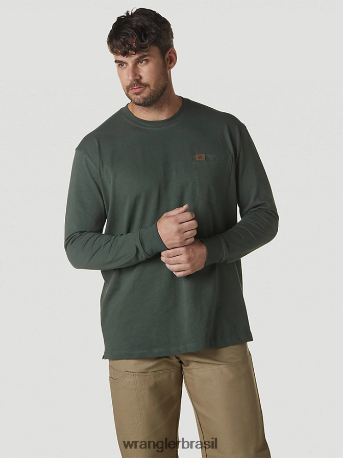 Wrangler camiseta riggs workwear manga longa com bolso verde floresta (3w710fg) homens roupas 00LN6N275