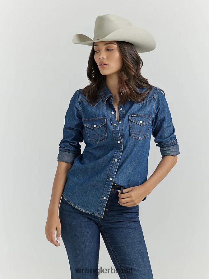 Wrangler camisa jeans ocidental manga longa jeans escuro (lw7007d) mulheres roupas 00LN6N881