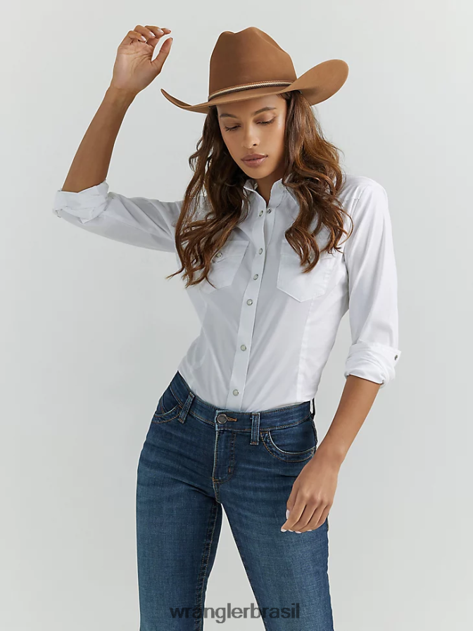 Wrangler manga comprida com um ponto na frente e nas costas, top sólido branco (lw1001w) mulheres roupas 00LN6N889
