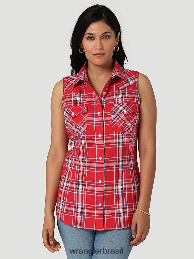Wrangler top retrô xadrez sem mangas western snap vermelho pop (112329682) mulheres roupas 00LN6N896
